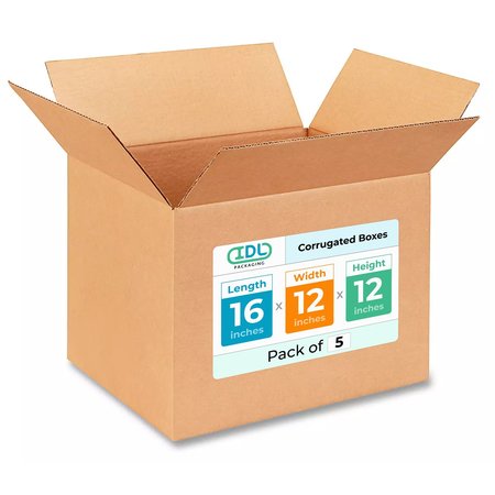 IDL PACKAGING 16L x 12W x 12H Corrugated Boxes for Shipping or Moving, Heavy Duty, 5PK B-161212-5